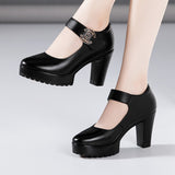 kamames Cowhide Cheongsam Model Catwalk High Heels Women's Non-Slip Round Head Thick-Soled Waterproof Platform Professional Work Shoes Women's Singles Shoes