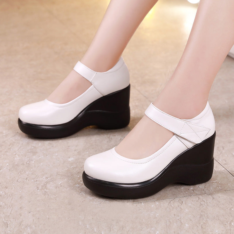 kamames Head High Heel Waterproof Platform Single Shoes Large Size 43 Velcro Thick Soles Middle-Aged And Elderly Mother Shoes Women's Shoes