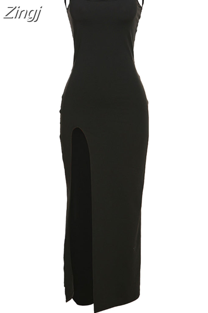 kamames Elegant Vestidos Outfits Women Spaghetti Strap Sexy Split Solid Slim Lady Ankle Fashion Classic Length Maxi Dresses New