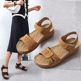 kamames Retro Leisure Roman Style Round Head Sandals Women's Shoes New Hollowed-Out Air Turbine Heel Velcro