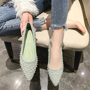 kamames Pointed Toe Shoes Women Flat Ballet Mixed Color Soft Maternity Beaded Pointed Toe Flat Shoes Shallow Mouth Office