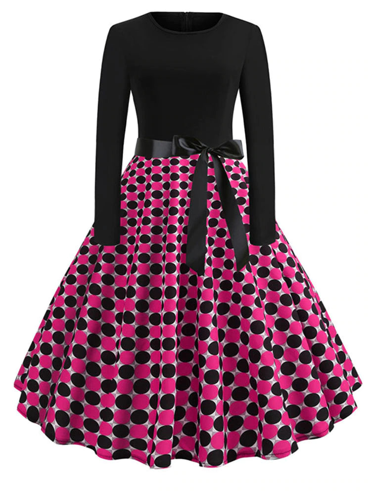 kamames Print Vintage Women New Spring Elegant Party Long Sleeve Casual Black Patchwork Midi Dress