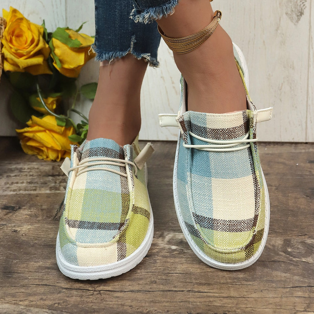 kamames New Plaid Canvas Shoes Comfortable Flat Soles Single Shoes Lazybones One Foot Boat Shoes Large Size Women's Shoes