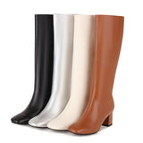 kamames Pu Knee High Boots Spring Autumn Women Boots Low Heel Long Boots Square Toe Zipper Winter Shoes Big Size 41 42 43 44 45