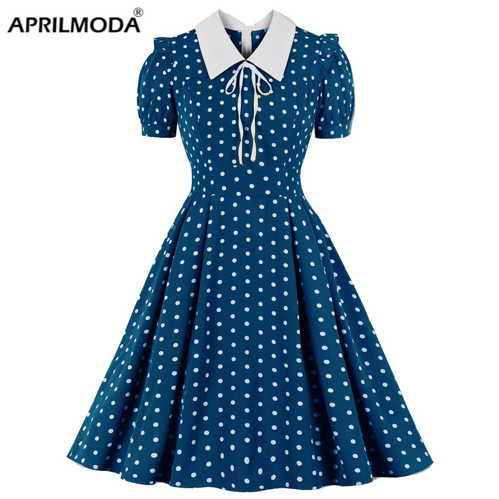 kamames Green Vintage Retro Chiffon Party Women Dress Polka Dots Print Turn Down Collar With Bow Rockabilly A Line Party Sundress
