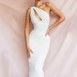 kamames Diagonal Collar Ruched Dress Women Solid Summer Backless White Club Outfits Sexy One Shoulder Hollow Out Party Dress