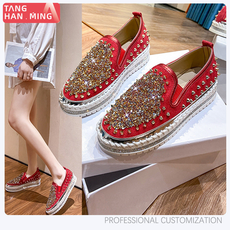 kamames Sales Anti-Wolf Rivet Round Head Low Top Single Shoes Women's Large Size Shoes Flat-Soled Lazy Shoes Women's Single Shoes