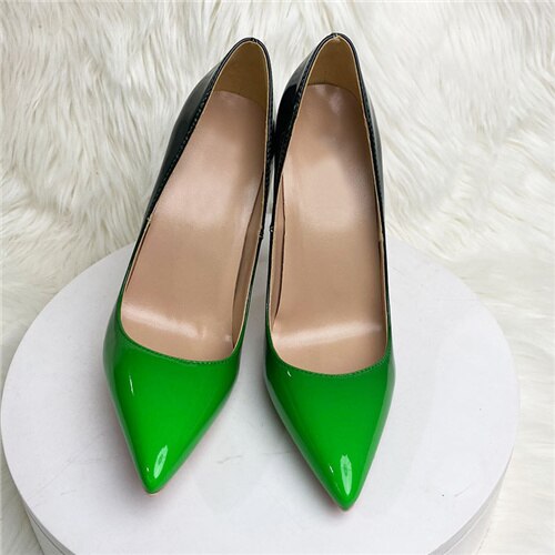 kamames Green Gradient Color Women Pointy Toe Glossy Stiletto Pumps Sexy Ladies 12cm High Heel Party 10cm Shoes QP149 ROVICIYA