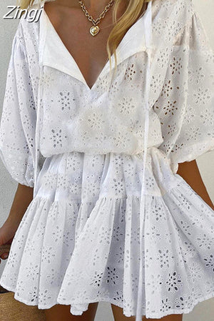 kamames Elegant Women Lace Floral Short Sleeve Mini Dress V-neck Solid High Waist Hollow Out Party Dress Female Vestidos 2023