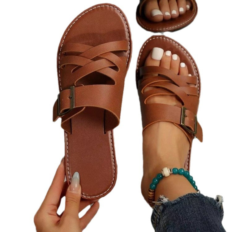 kamames Summer New Women's Sandals Slippers Flat-Soled Roman Lace-Up Sandals Non-Slip Rubber Soles Fashion Women's Shoes