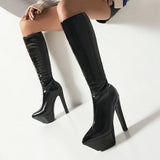 kamames Fashion Women Knee High Boots Bright Pu Platform Super High Heel Motorcycle Boots Pointed Toe Zipper Autumn Winter Shoes