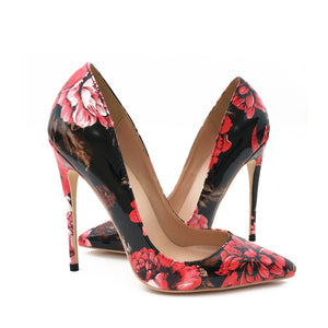 kamames red black flower pointed toe new ladies high-heeled shoes women's shoes 12cm extreme high heel QP061 ROVICIYA