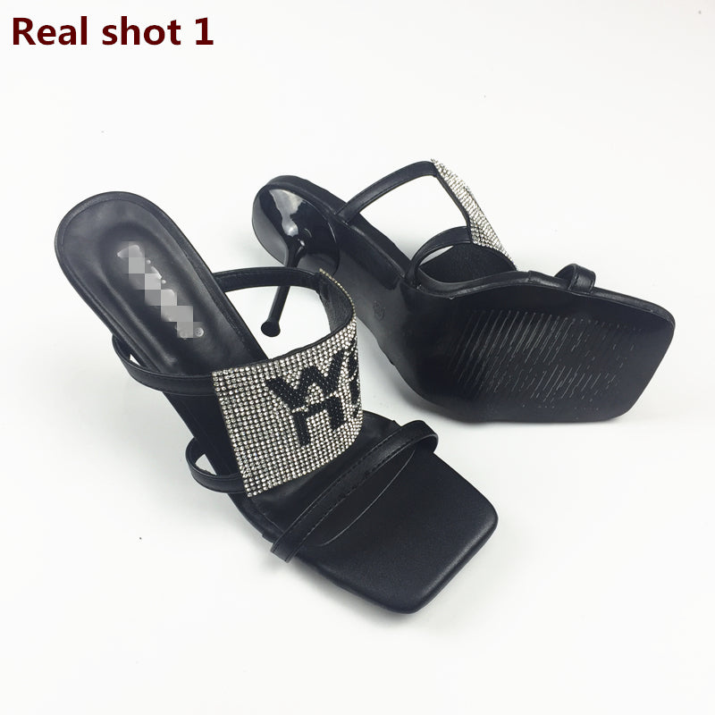 kamames Sandals Women 2022 Luxury Brand Letter Fashion Summer Sexy Crystal Rhinestone High Heels Stiletto Wedding Shoes Woman Slippers