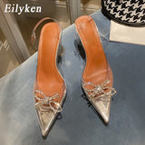 kamames PVC Transparent Pointed Toe Women Pumps Fashion Bowknot Design Elegant Ladies Crystal High Heel Party Wedding Mule Shoes