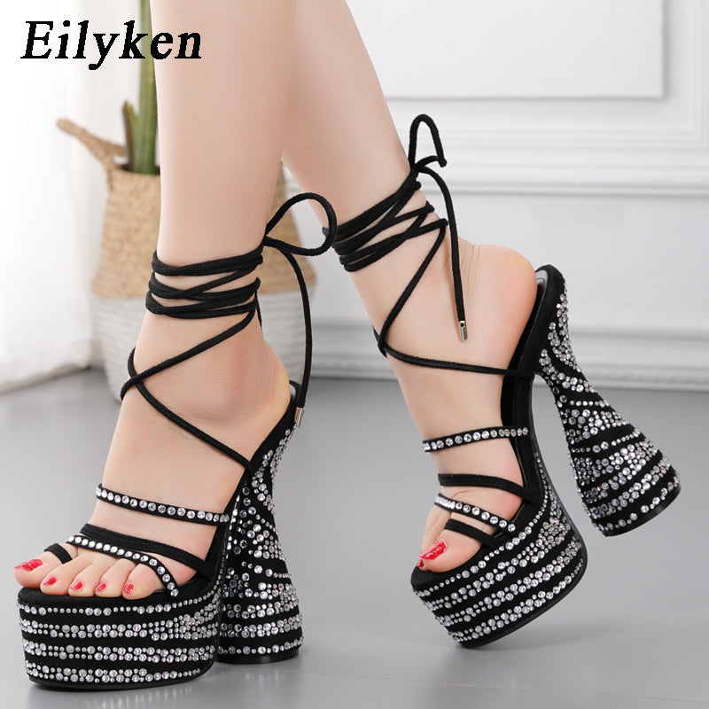 kamames Fashion Crystal Rhinestone Platform Sandals For Woman Summer Strange High Heels Ankle Strap Nighclub Party Shoes