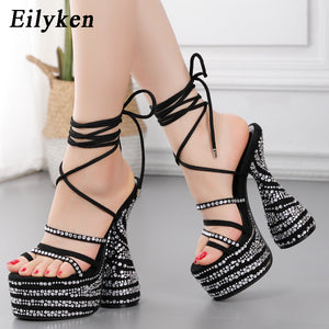 kamames Fashion Crystal Rhinestone Platform Sandals For Woman Summer Strange High Heels Ankle Strap Nighclub Party Shoes