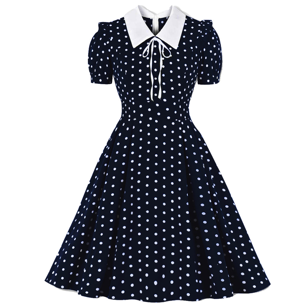 kamames Green Vintage Retro Chiffon Party Women Dress Polka Dots Print Turn Down Collar With Bow Rockabilly A Line Party Sundress