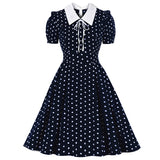 kamames Green Vintage Retro Chiffon Party Women Dress Polka Dots Print Turn Down Collar With Bow Rockabilly A Line Party Sundress