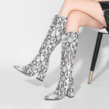 kamames Fashion Knee High Boots Autumn Winter Women Pu Leather Square High Heel Western Boots Pointed Toe Zipper Woman Shoes White