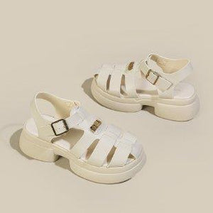 kamames Roman Sandals Women's Summer Thick Soles And High Heels Hollowed-Out Black Leather Shoes Mary Jane Love Shoes Single Shoes