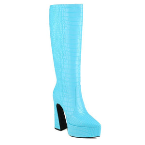 kamames Crocodile Leather Women Knee High Boots Fashion Platform Suqare High Heel Punk Boots Pointed Toe Motorcycle Boots Lady Shoe