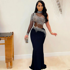 kamames Sexy Blue Mesh Crystal See Through Maxi Dress Women New One Sleeve Birthday Clubwear Bodycon Long Dress
