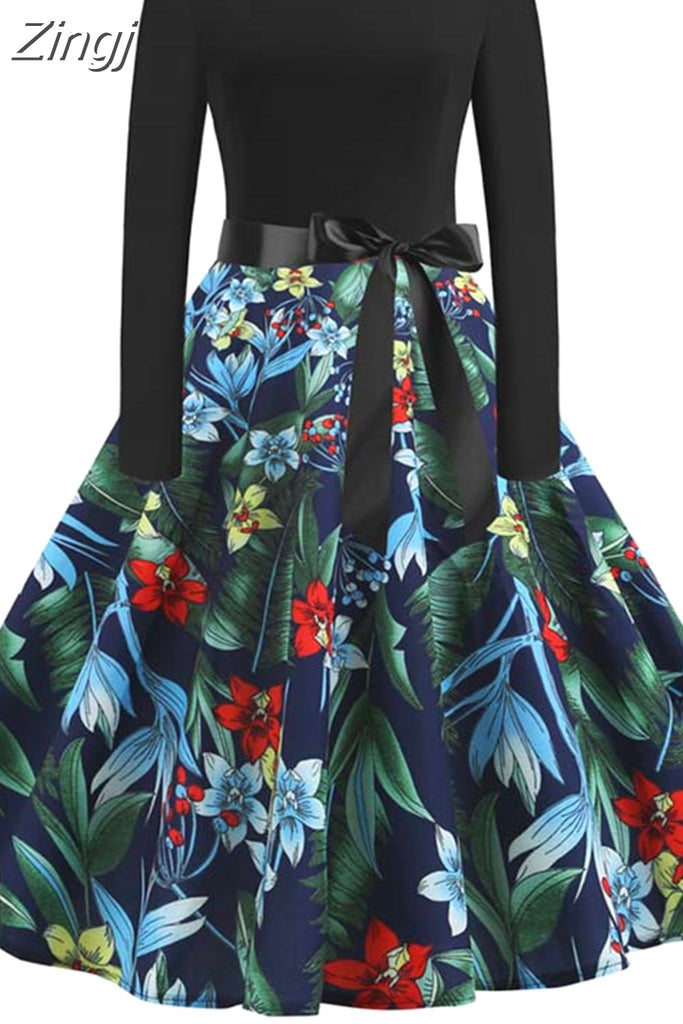 kamames Print Vintage Women New Spring Elegant Party Long Sleeve Casual Black Patchwork Midi Dress