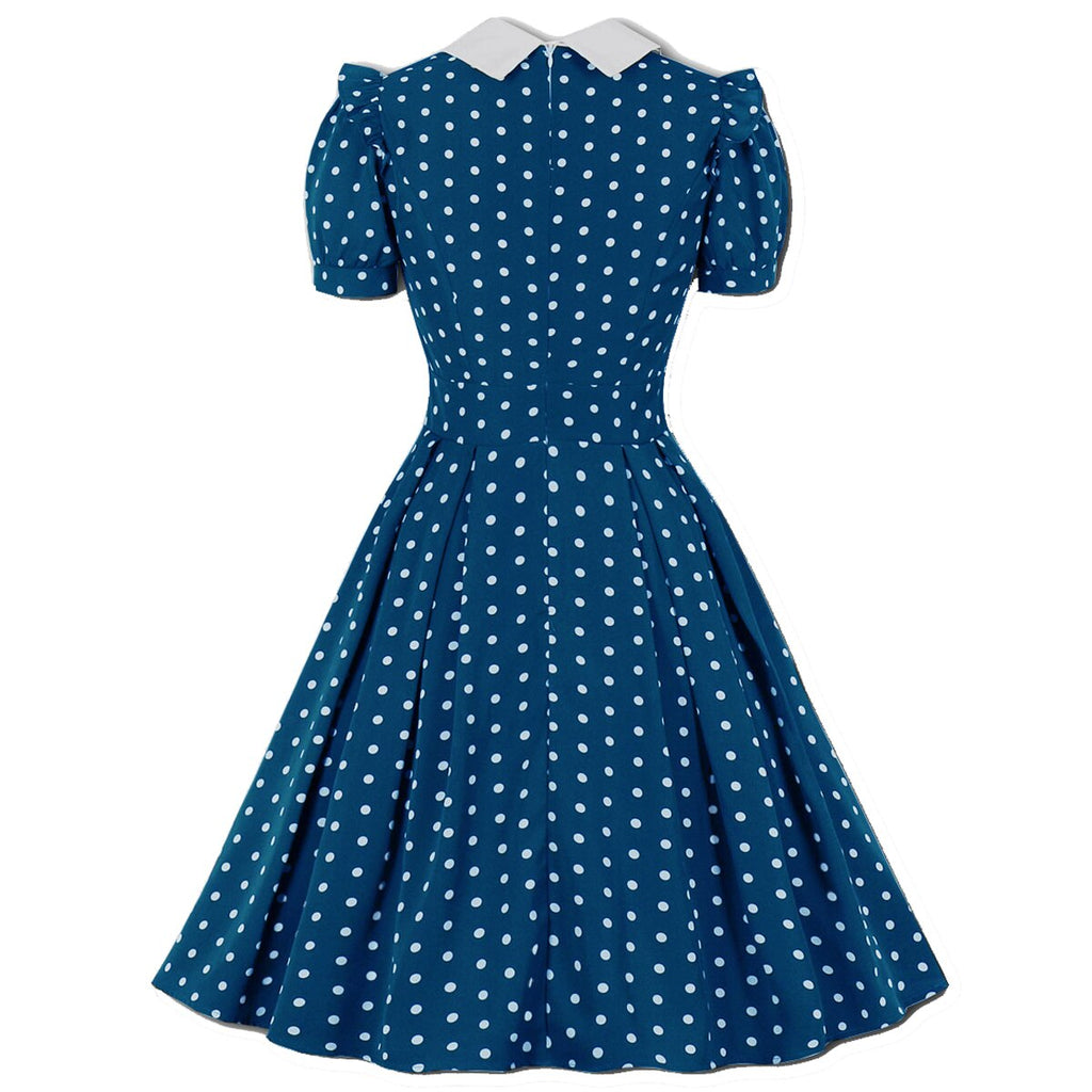 kamames Green Vintage Retro Chiffon Party Women Dress Polka Dots Print Turn Down Collar With Bow Rockabilly A Line Party Sundress