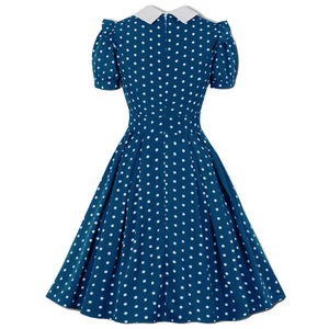 kamames Green Vintage Retro Chiffon Party Women Dress Polka Dots Print Turn Down Collar With Bow Rockabilly A Line Party Sundress