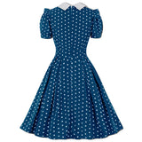 kamames Green Vintage Retro Chiffon Party Women Dress Polka Dots Print Turn Down Collar With Bow Rockabilly A Line Party Sundress