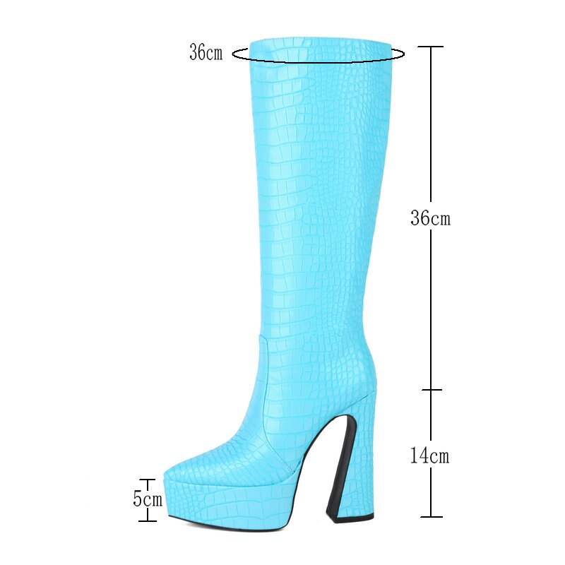 kamames Crocodile Leather Women Knee High Boots Fashion Platform Suqare High Heel Punk Boots Pointed Toe Motorcycle Boots Lady Shoe