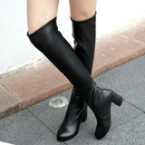 kamames Fashion Knee High Boots Women's Winter Boots Thick High Heel Stretc Long Boots Slip On Autumn Shoes Woman Black White