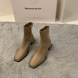 kamames High-Heeled Square Head Thin French Short Boots Women's Shoes 2024 New Spring And Autumn Single Boots Brown Martin Boots