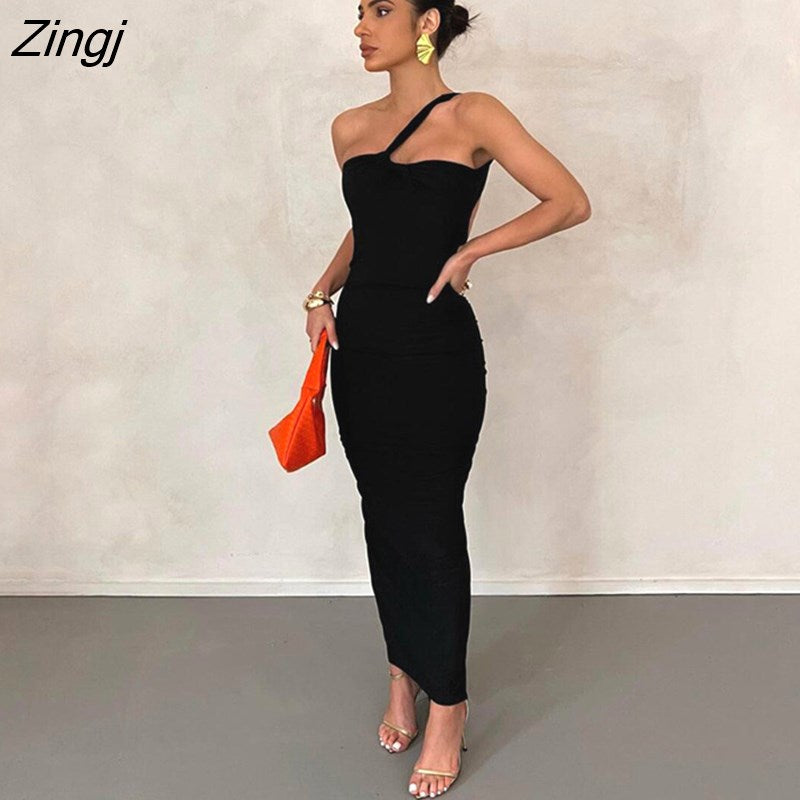kamames Green Sexy Backless Ruched Long Dress Asymmetrical Shoulder Draped Slim Wrap Hip Bodycon Women Elegant Party Clubwear