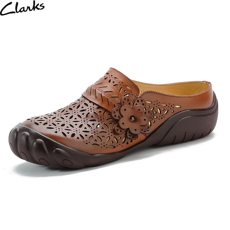 kamames Head Layer Cowhide Leisure Women's Shoes Ethnic Wind Leather Flowers Breathable Women's Sandals Large Size Comfortable Soft Sole Slippers