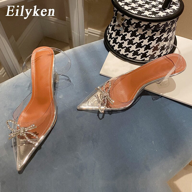 kamames PVC Transparent Pointed Toe Women Pumps Fashion Bowknot Design Elegant Ladies Crystal High Heel Party Wedding Mule Shoes