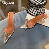 kamames PVC Transparent Pointed Toe Women Pumps Fashion Bowknot Design Elegant Ladies Crystal High Heel Party Wedding Mule Shoes
