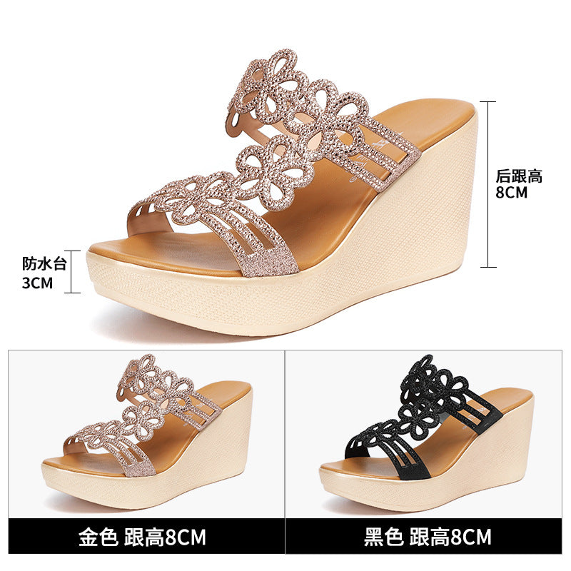 kamames Summer New Water Drill Slope Heel Sandals, High Heel Women's Shoes, Thick Soles, Waterproof Table, Large Size Fish Mouth Sandals, Word Slippers