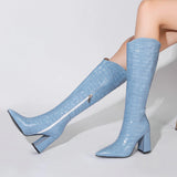 kamames Fashion Knee High Boots Autumn Winter Women Pu Leather Square High Heel Western Boots Pointed Toe Zipper Woman Shoes White