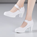 kamames Cowhide Cheongsam Model Catwalk High Heels Women's Non-Slip Round Head Thick-Soled Waterproof Platform Professional Work Shoes Women's Singles Shoes