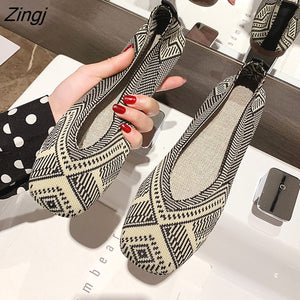 kamames Plus Size Spring New Ballet Flats Women Square Toe Knit Fabric Loafers Breathable Flat Heel Drive Shoes Driving Sneaker