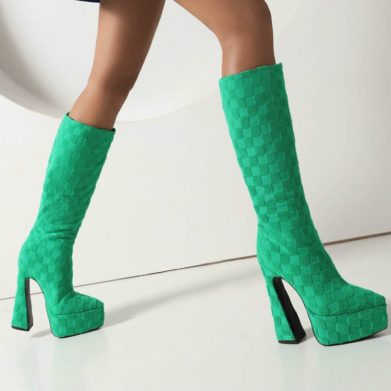 kamames Crocodile Leather Women Knee High Boots Fashion Platform Suqare High Heel Punk Boots Pointed Toe Motorcycle Boots Lady Shoe
