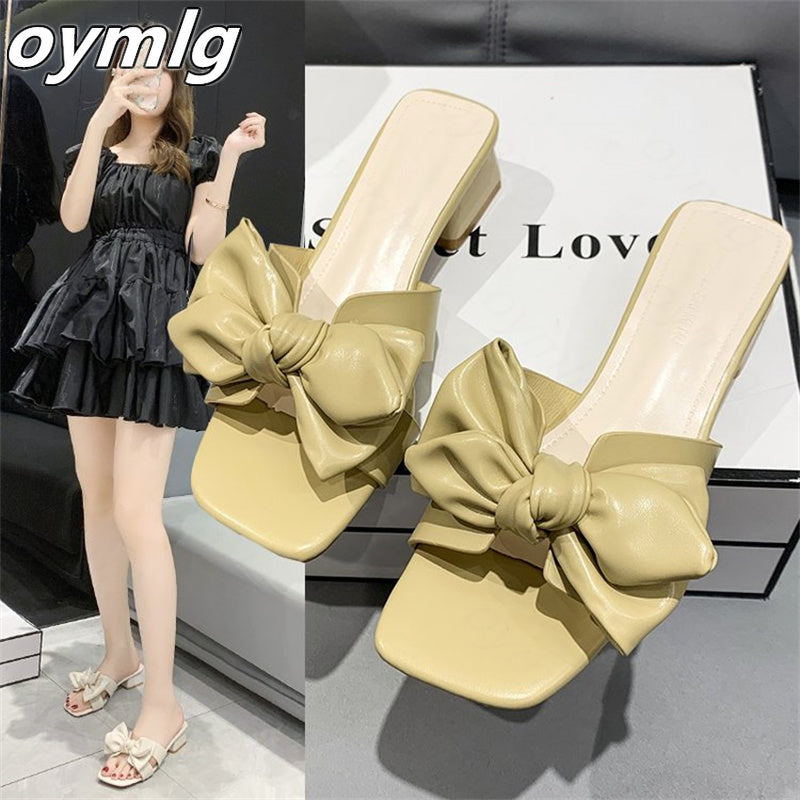 kamames female fairy style bow 2022 summer new casual square head outer wear thick heel sandals women shoes sandals pumps