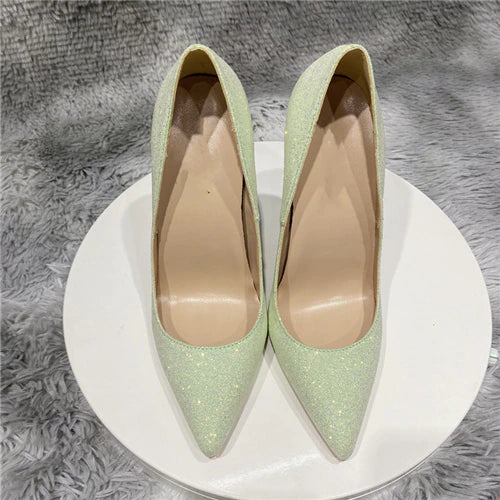 kamames green Gretel bling stiletto shoes 12cm 10cm 8cm high heels pointed toe handmade good quality women pumps LF029 ROVICIYA