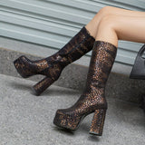 kamames Fashion Women Knee High Boots Flock Platform Chunky High Heel Punk Boots Square Toe Zipper Autumn Winter Ladies Shoes