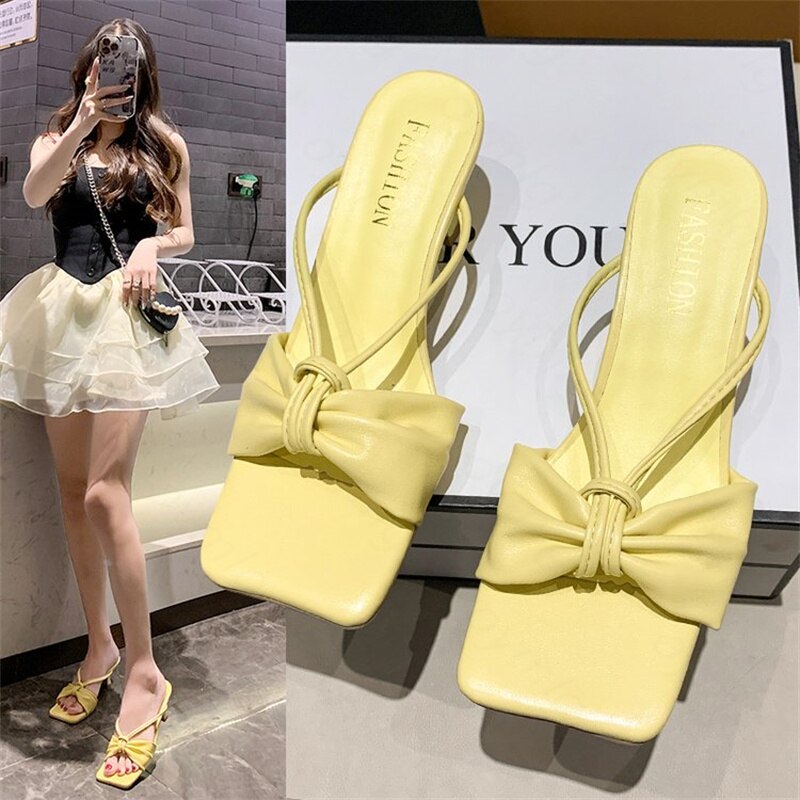 kamames spring and summer new square head back empty fashion casual women's shoes bow stiletto high heel comfortable slippers