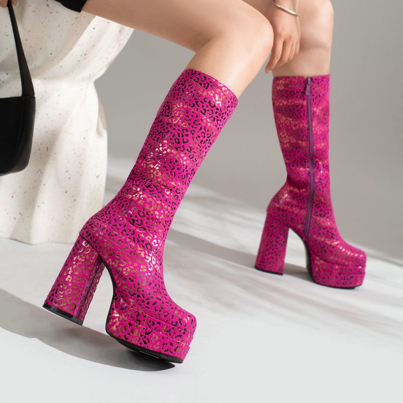 kamames Fashion Women Knee High Boots Flock Platform Chunky High Heel Punk Boots Square Toe Zipper Autumn Winter Ladies Shoes