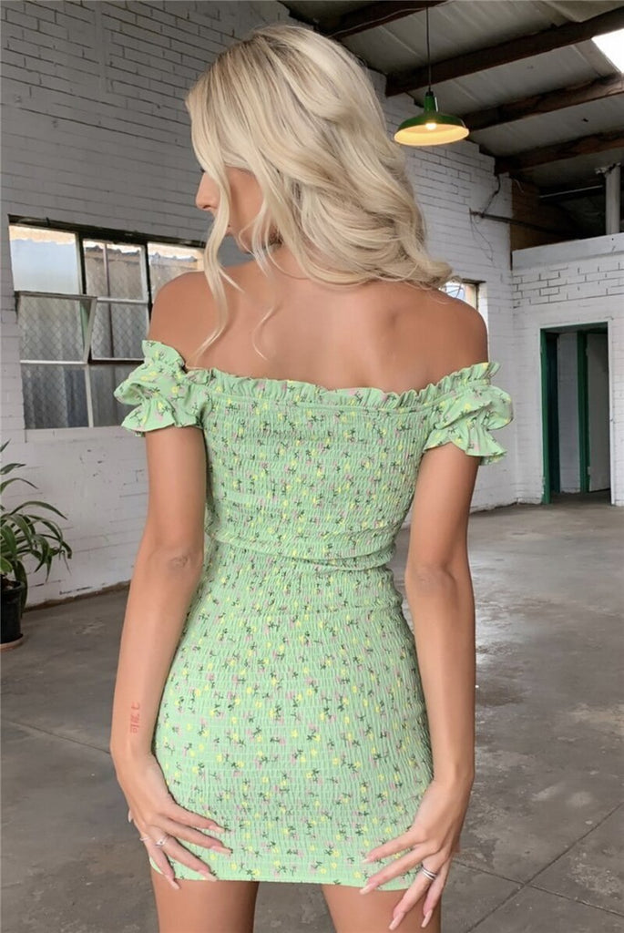 kamames Queens Woman Green Floral Print Sexy Off Shoulder Cotton Patch Mini Dress Ladies Short Sleeve Lace-up Sundress
