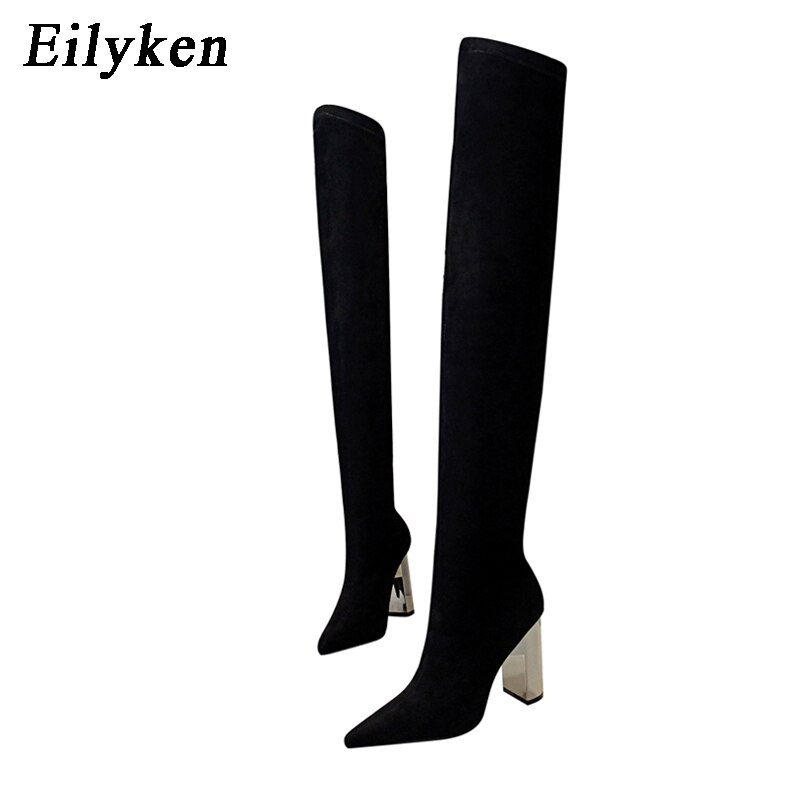 kamames Designer Stretch Cloth Women Over-the-knee Boots Metal Square High Heel Shoes Sexy Pointed Toe Ladies Motorcycle Booties