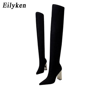 kamames Designer Stretch Cloth Women Over-the-knee Boots Metal Square High Heel Shoes Sexy Pointed Toe Ladies Motorcycle Booties